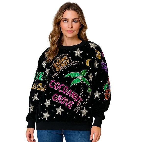 Vintage Bonnie Boerer 80s Black Sequin Velour Top Hollywood Club Graphic Medium - Picture 1 of 6